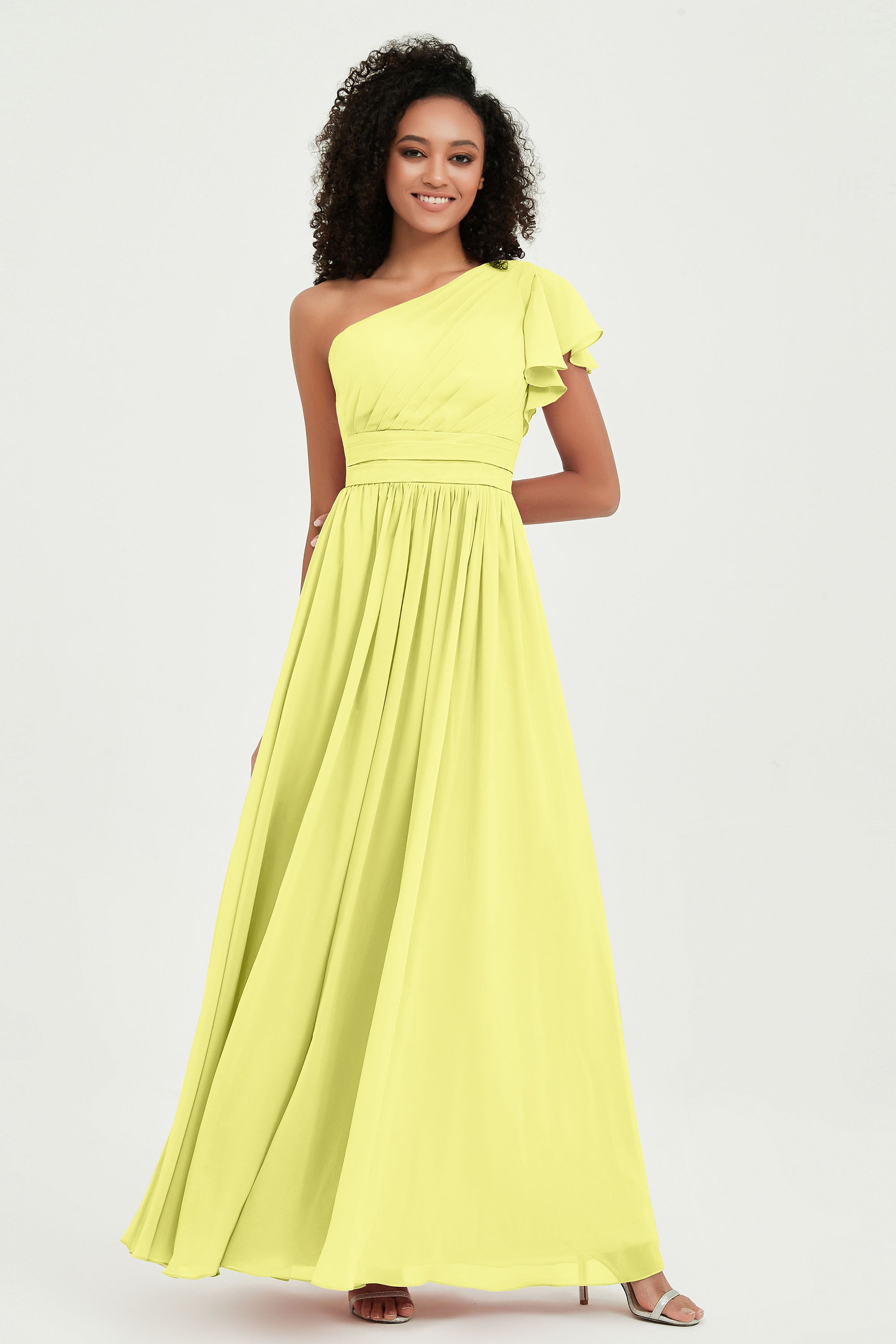 One Shoulder Flutter Sleeves Chiffon Bridesmaid Dress Plus Size Formal Evening Dresses
