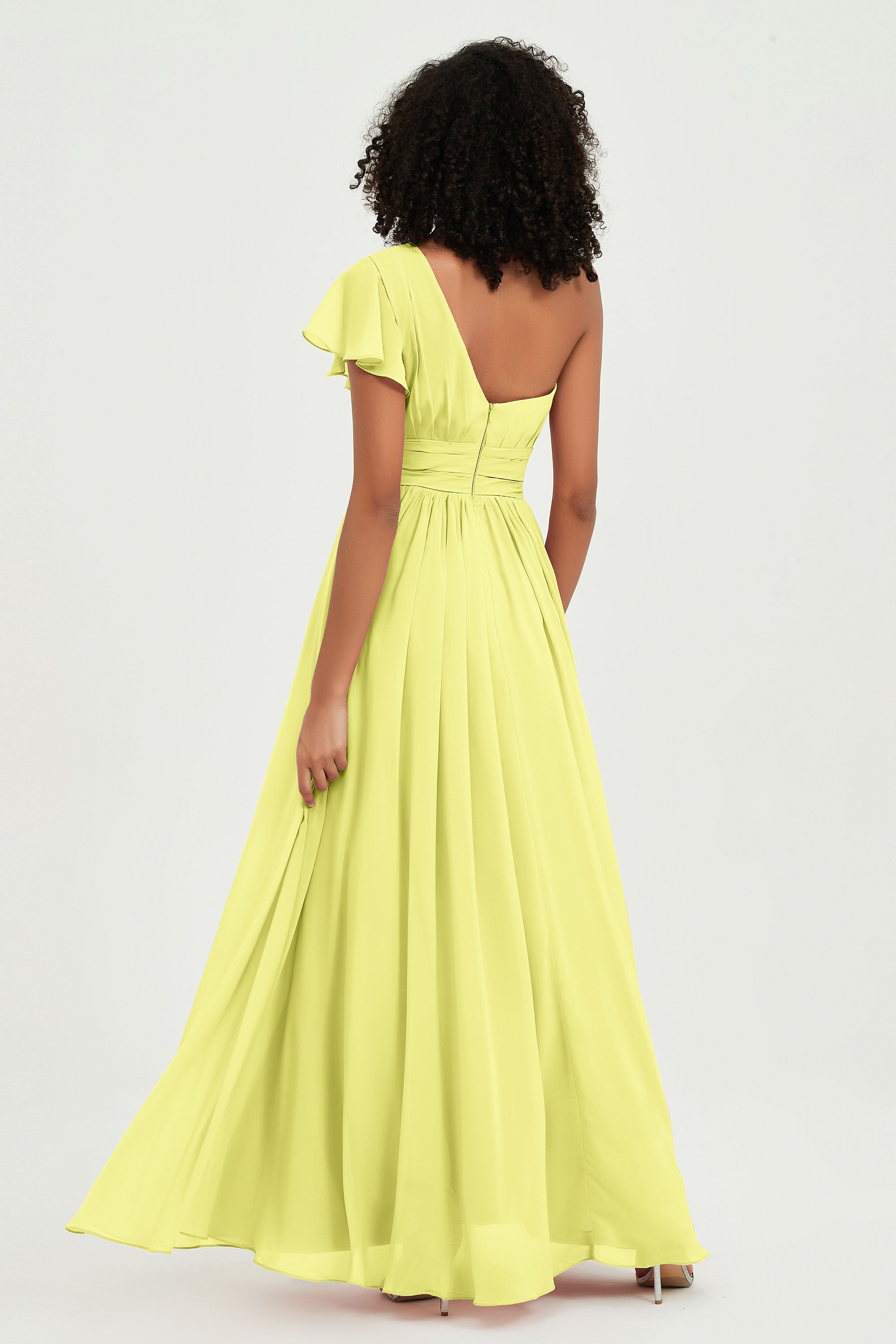 One Shoulder Flutter Sleeves Chiffon Bridesmaid Dress Plus Size Formal Evening Dresses