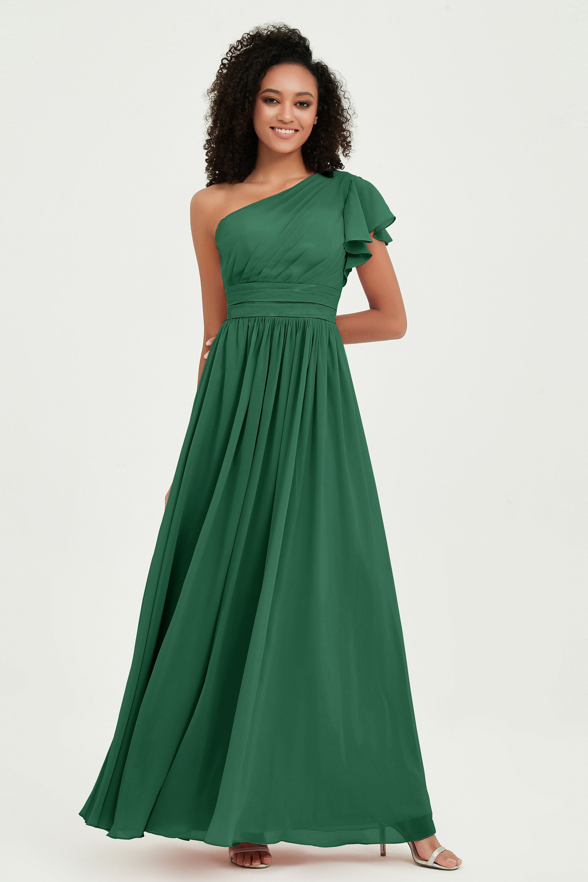 One Shoulder Flutter Sleeves Chiffon Bridesmaid Dress Plus Size Formal Evening Dresses