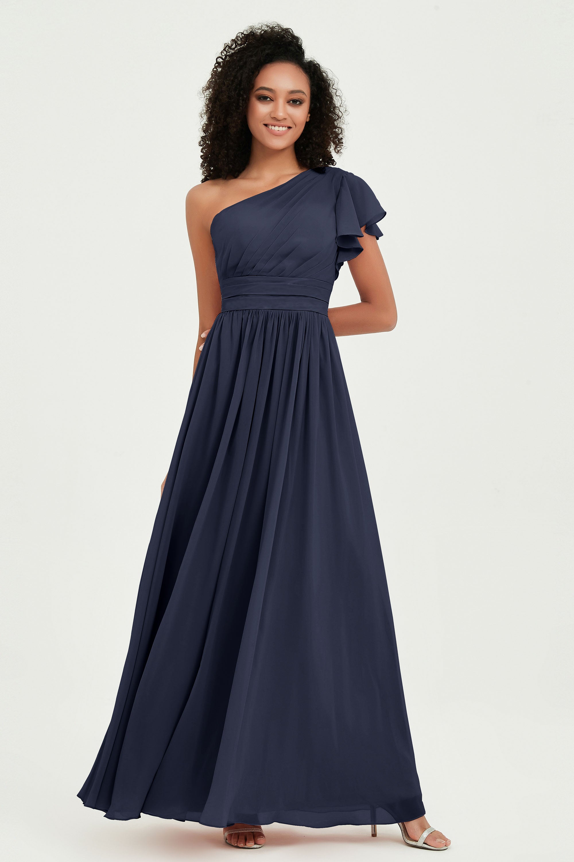 One Shoulder Flutter Sleeves Chiffon Bridesmaid Dress Plus Size Formal Evening Dresses