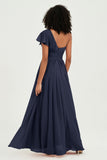 One Shoulder Flutter Sleeves Chiffon Bridesmaid Dress Plus Size Formal Evening Dresses