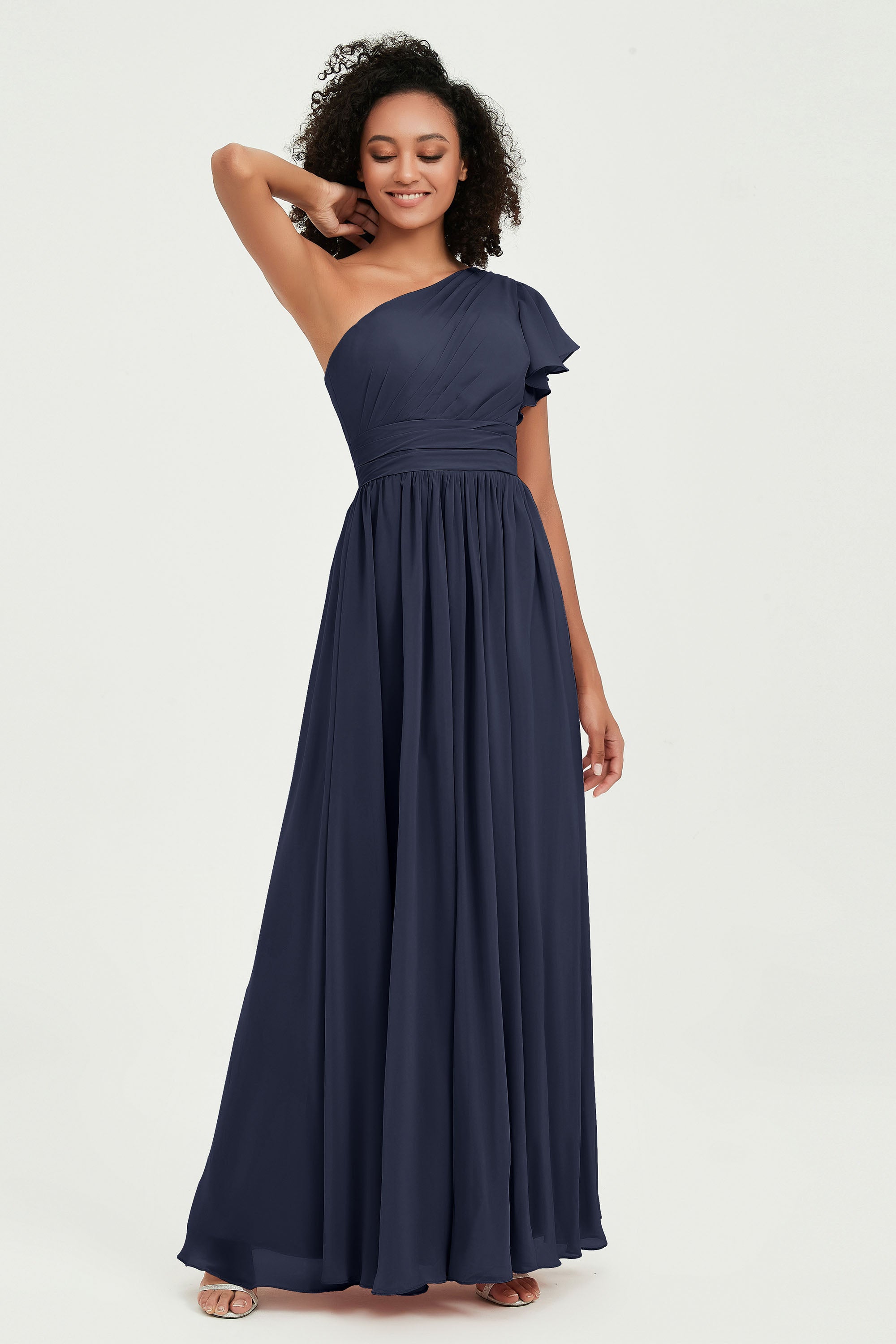 One Shoulder Flutter Sleeves Chiffon Bridesmaid Dress Plus Size Formal Evening Dresses