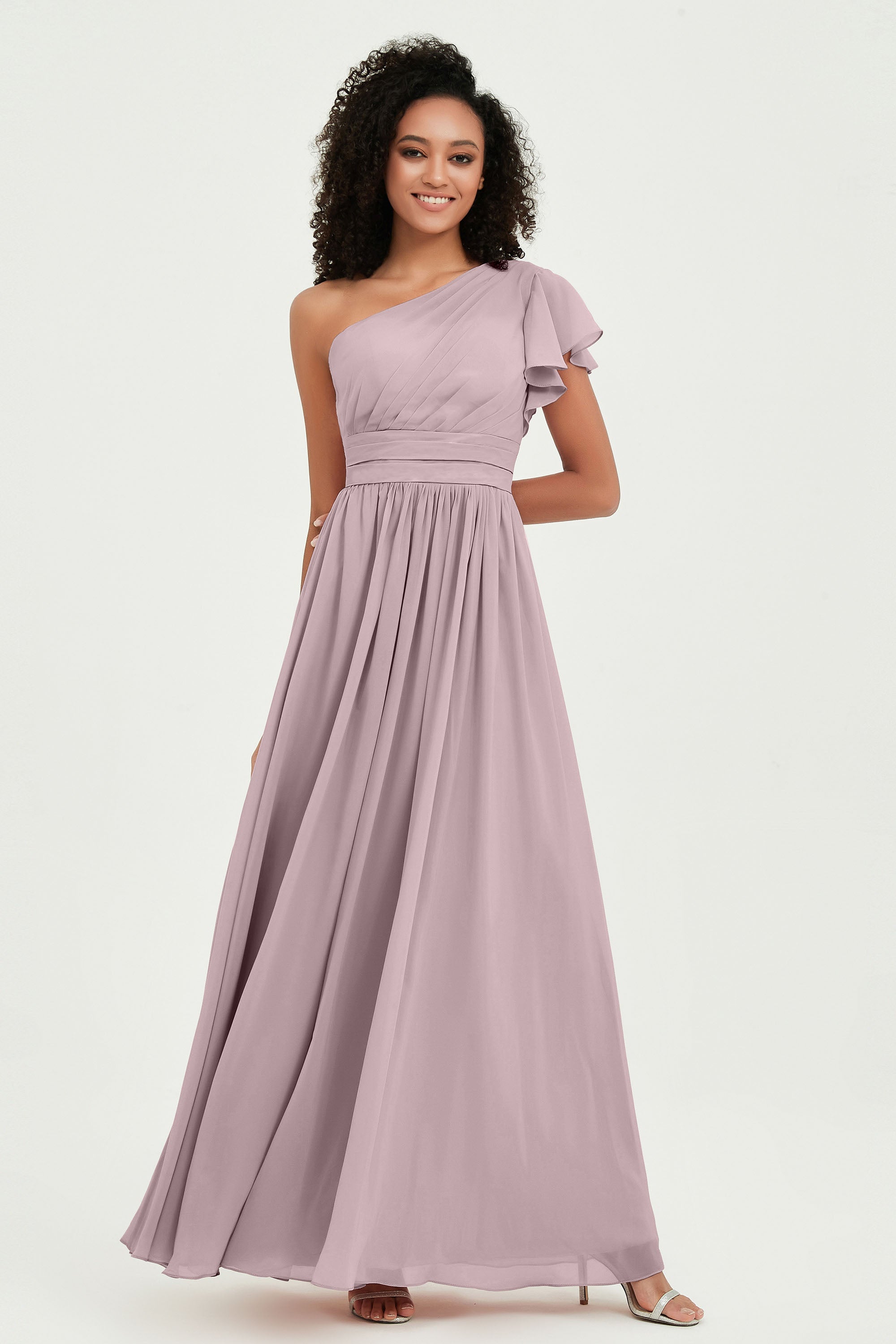 One Shoulder Flutter Sleeves Chiffon Bridesmaid Dress Plus Size Formal Evening Dresses