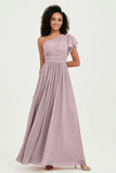 One Shoulder Flutter Sleeves Chiffon Bridesmaid Dress Plus Size Formal Evening Dresses