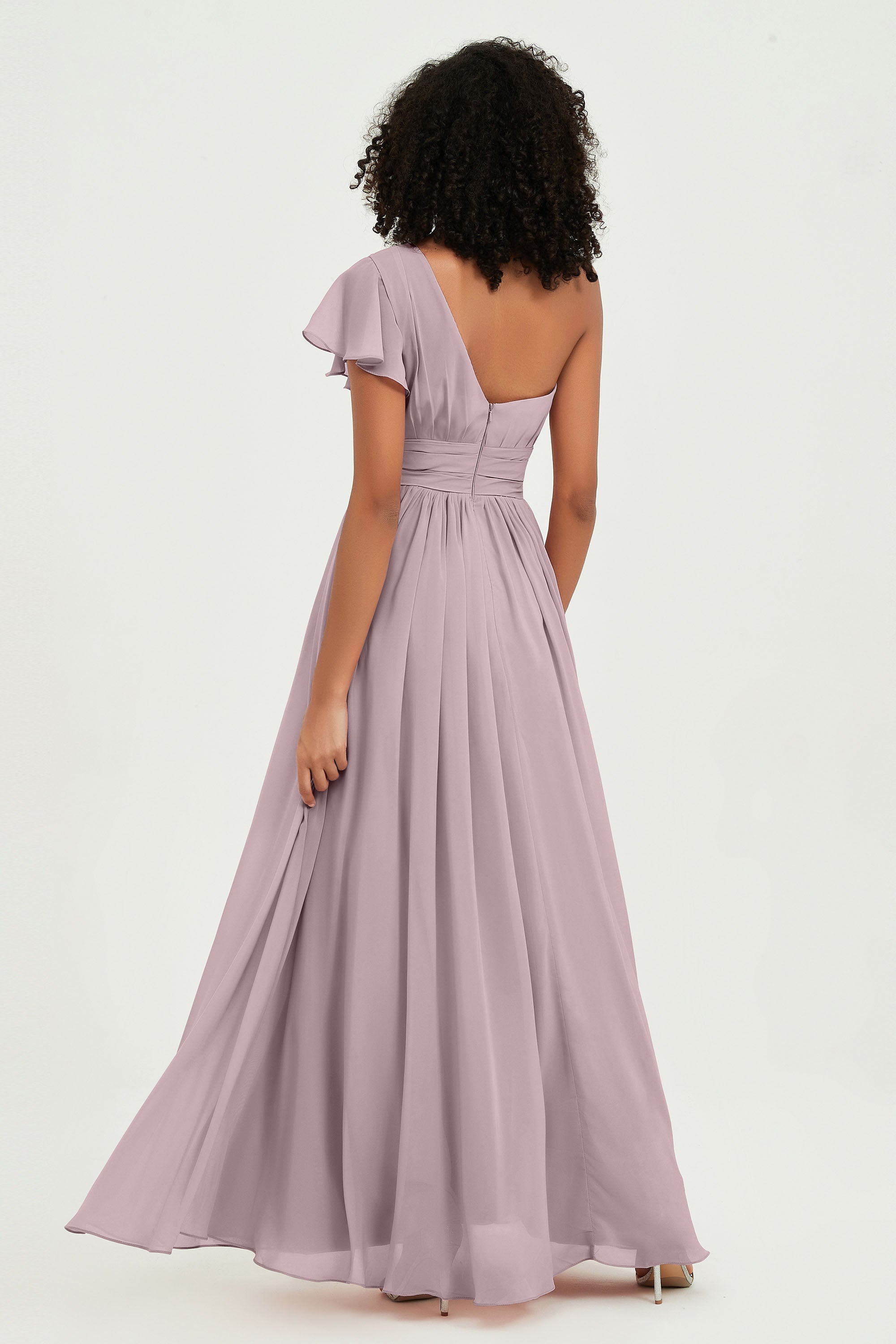 One Shoulder Flutter Sleeves Chiffon Bridesmaid Dress Plus Size Formal Evening Dresses