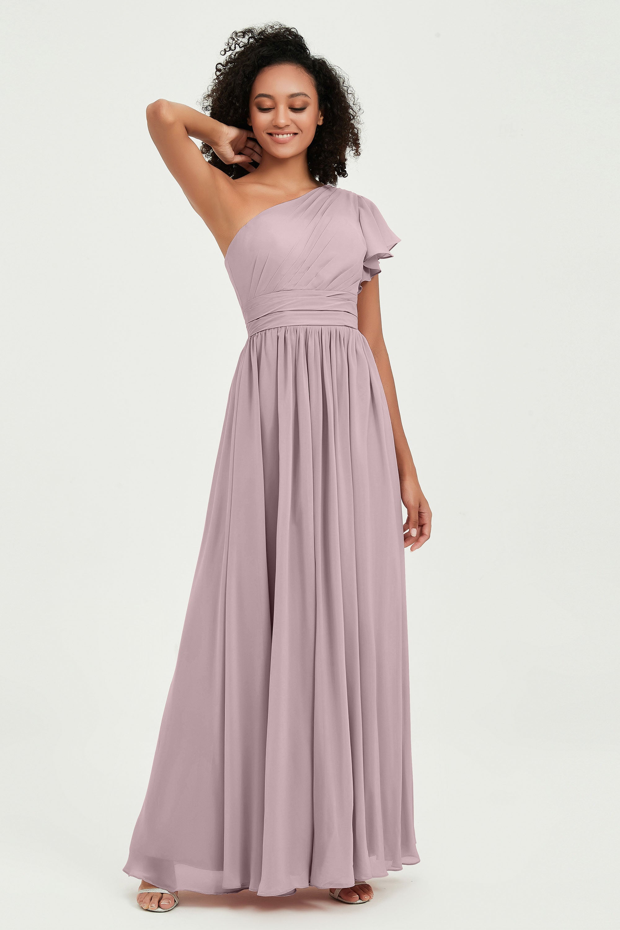 One Shoulder Flutter Sleeves Chiffon Bridesmaid Dress Plus Size Formal Evening Dresses