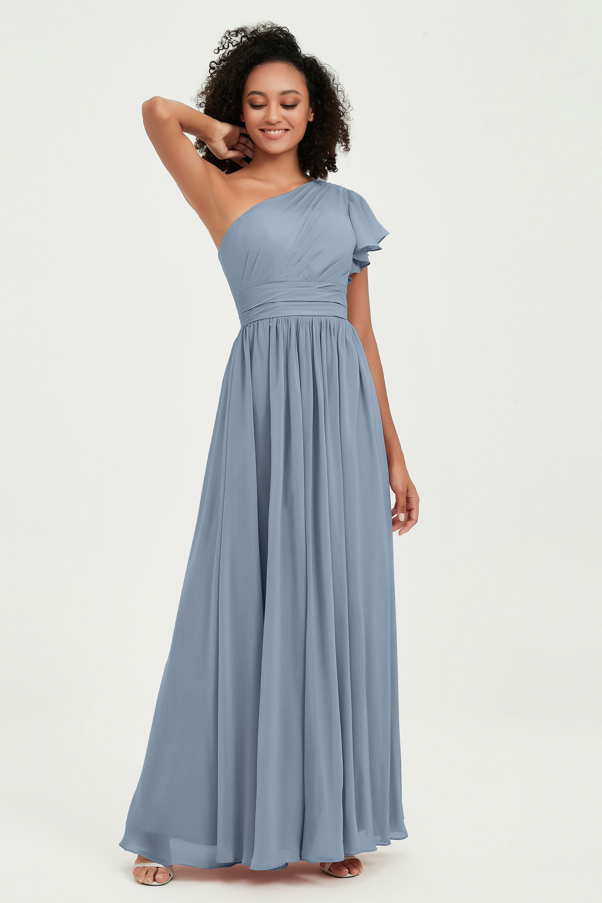 One Shoulder Flutter Sleeves Chiffon Bridesmaid Dress Plus Size Formal Evening Dresses