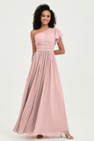 One Shoulder Flutter Sleeves Chiffon Bridesmaid Dress Plus Size Formal Evening Dresses