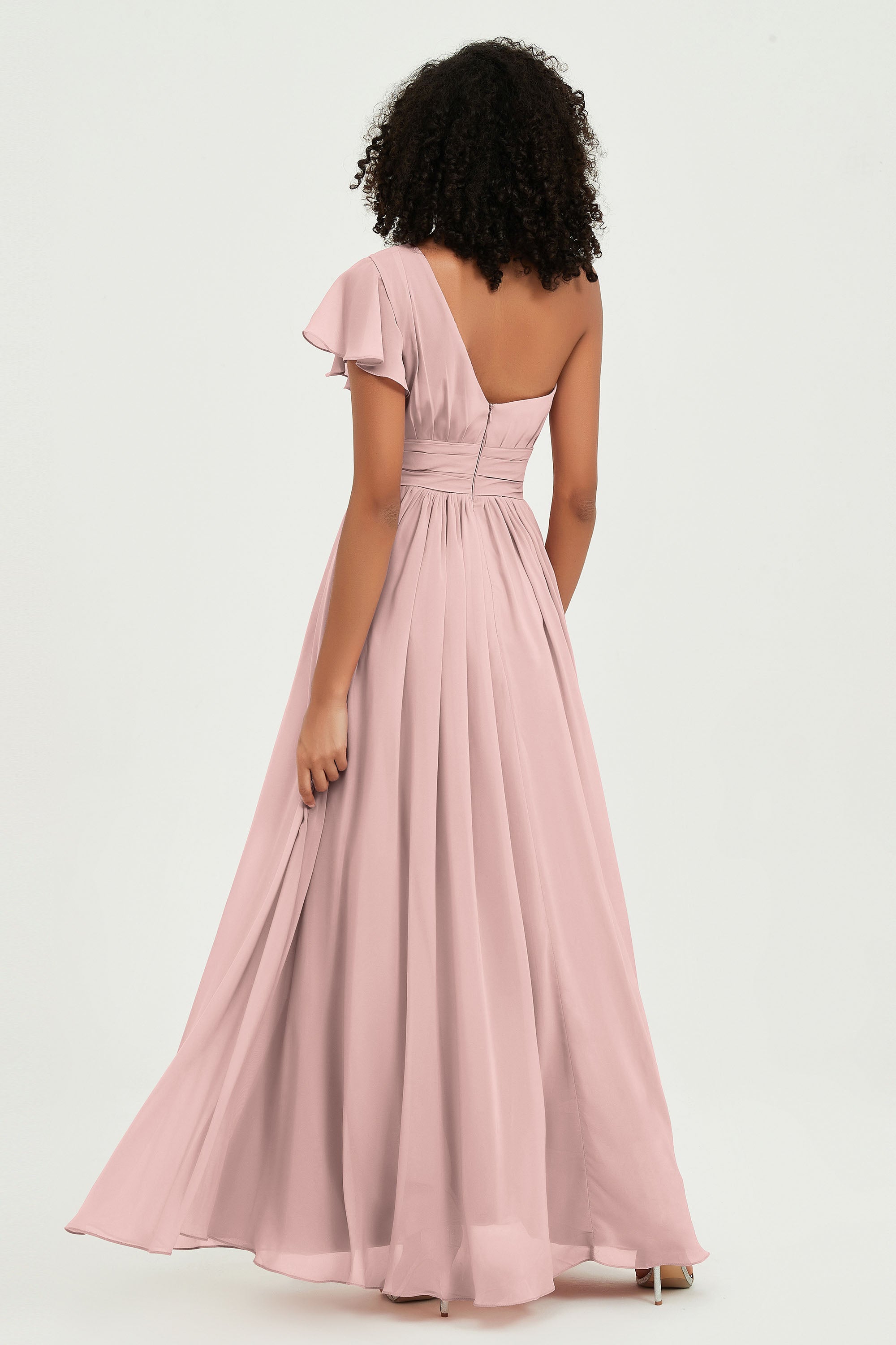 One Shoulder Flutter Sleeves Chiffon Bridesmaid Dress Plus Size Formal Evening Dresses