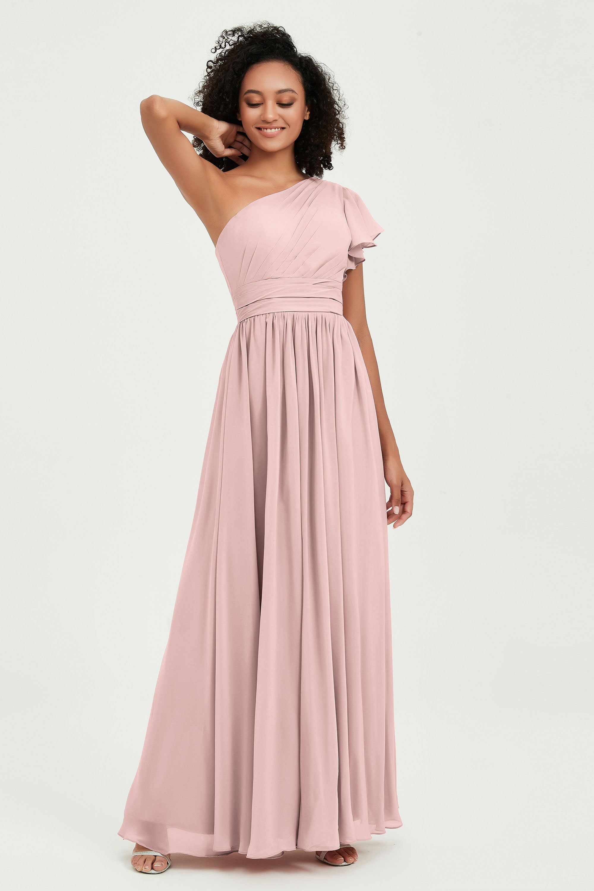One Shoulder Flutter Sleeves Chiffon Bridesmaid Dress Plus Size Formal Evening Dresses