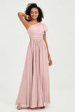 One Shoulder Flutter Sleeves Chiffon Bridesmaid Dress Plus Size Formal Evening Dresses