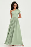 One Shoulder Flutter Sleeves Chiffon Bridesmaid Dress Plus Size Formal Evening Dresses