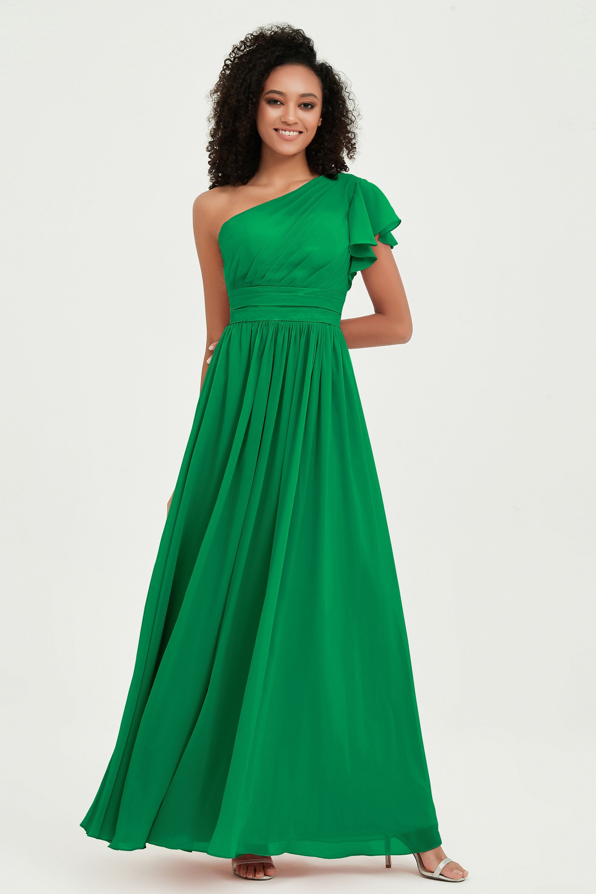 One Shoulder Flutter Sleeves Chiffon Bridesmaid Dress Plus Size Formal Evening Dresses