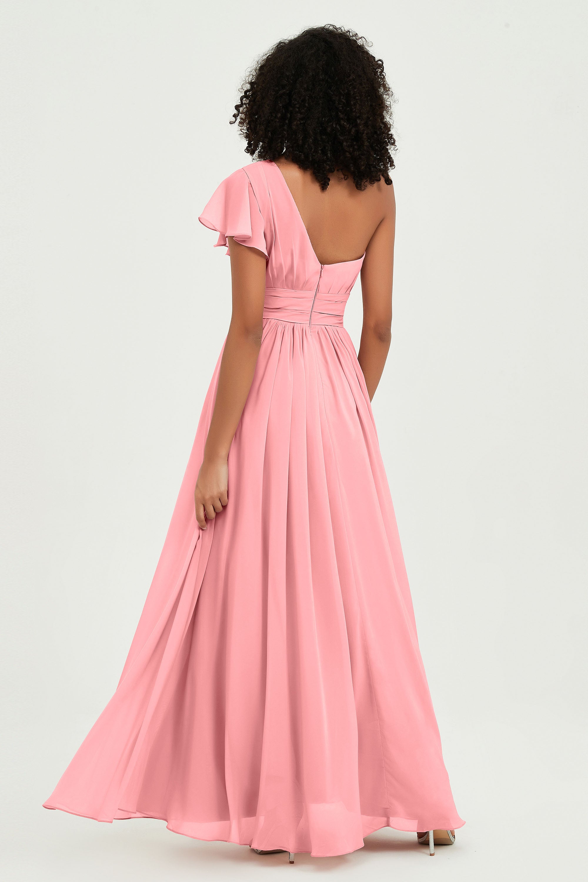 One Shoulder Flutter Sleeves Chiffon Bridesmaid Dress Plus Size Formal Evening Dresses