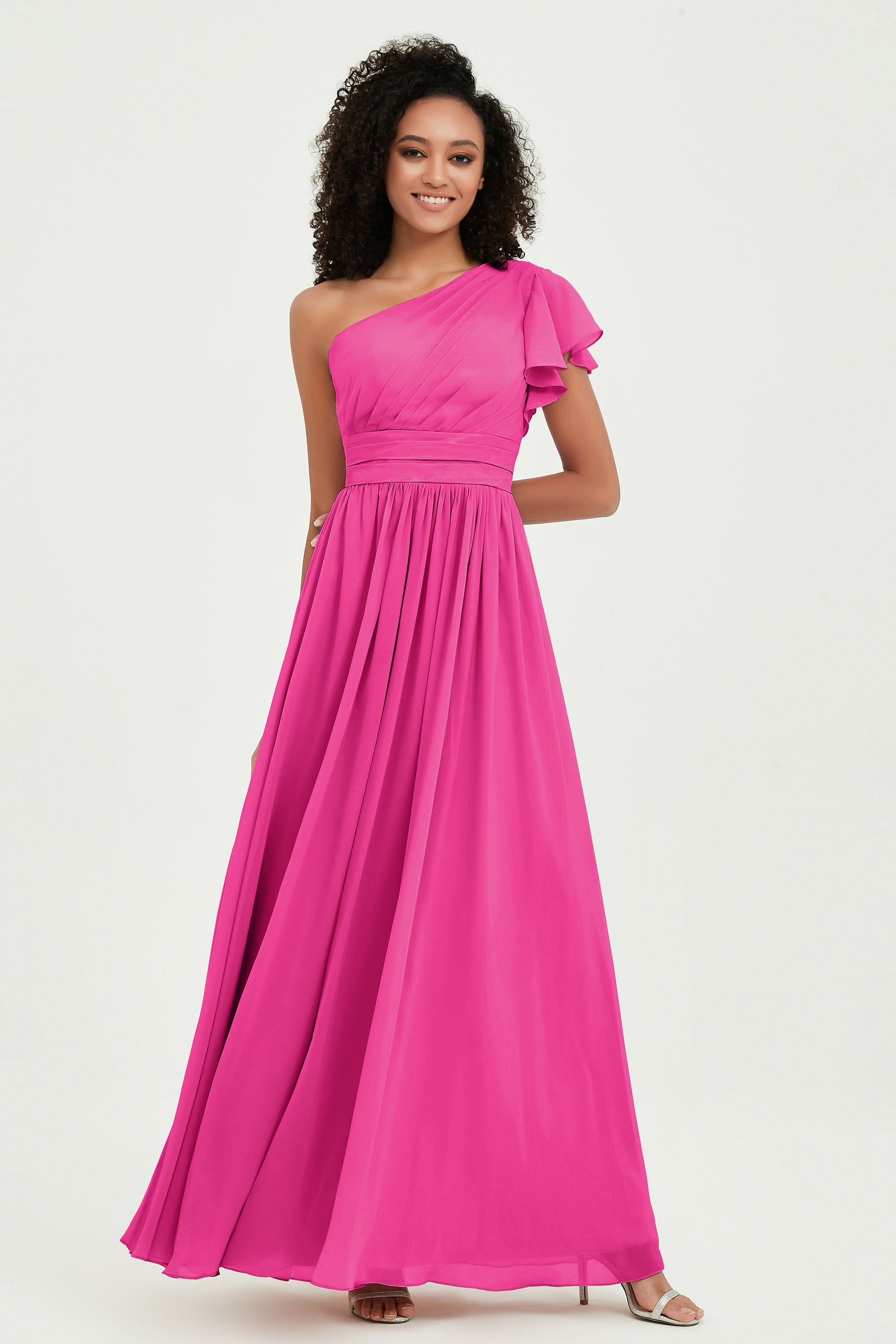 One Shoulder Flutter Sleeves Chiffon Bridesmaid Dress Plus Size Formal Evening Dresses