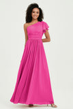One Shoulder Flutter Sleeves Chiffon Bridesmaid Dress Plus Size Formal Evening Dresses