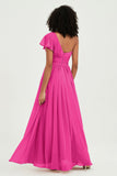 One Shoulder Flutter Sleeves Chiffon Bridesmaid Dress Plus Size Formal Evening Dresses