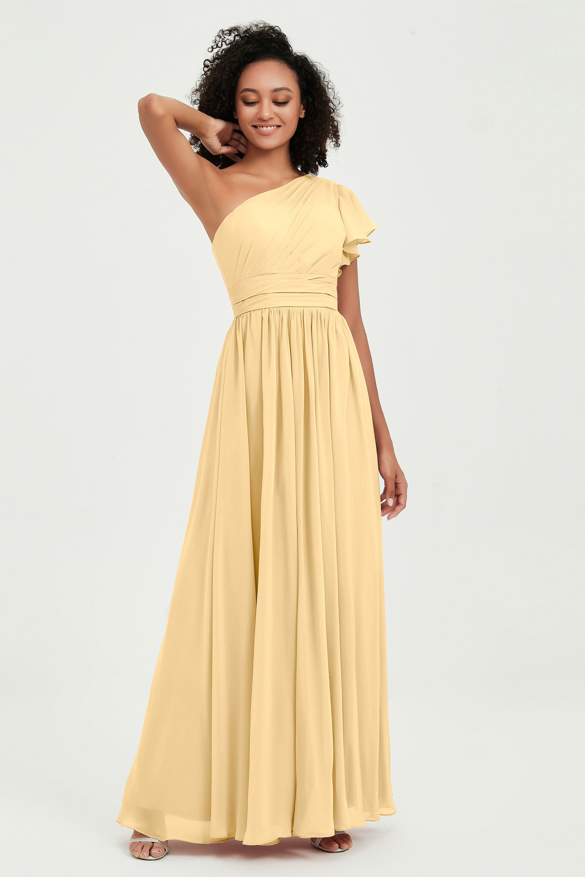 One Shoulder Flutter Sleeves Chiffon Bridesmaid Dress Plus Size Formal Evening Dresses