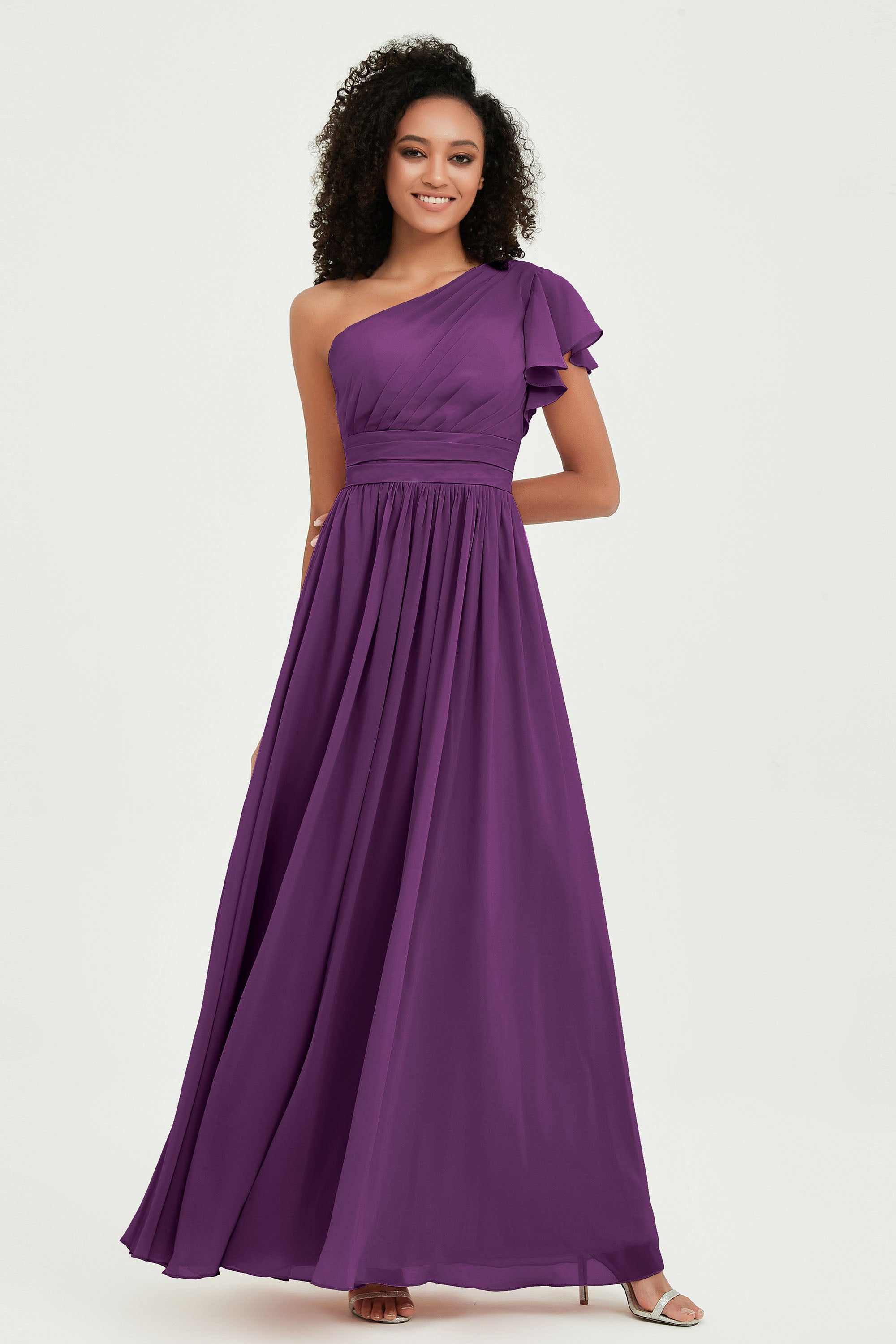 One Shoulder Flutter Sleeves Chiffon Bridesmaid Dress Plus Size Formal Evening Dresses