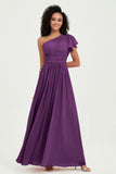 One Shoulder Flutter Sleeves Chiffon Bridesmaid Dress Plus Size Formal Evening Dresses