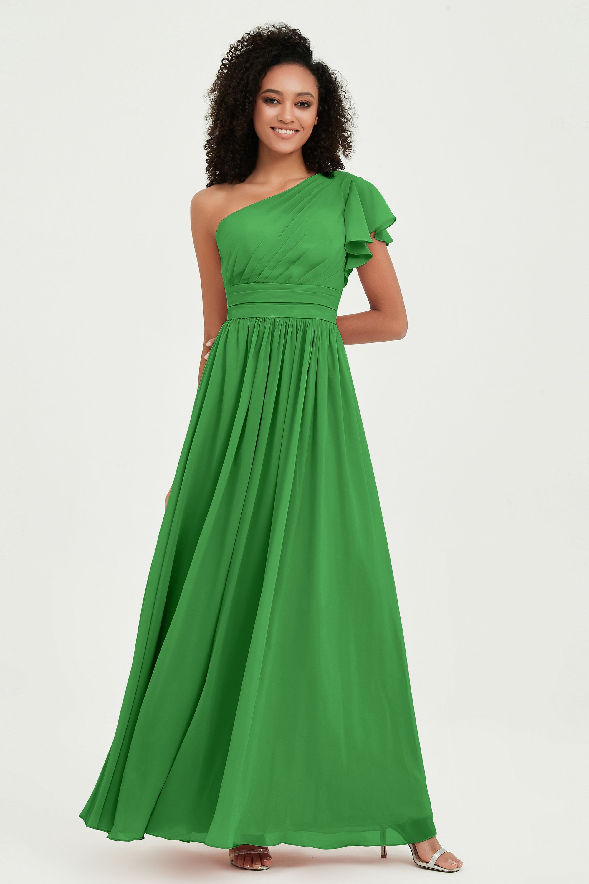 One Shoulder Flutter Sleeves Chiffon Bridesmaid Dress Plus Size Formal Evening Dresses