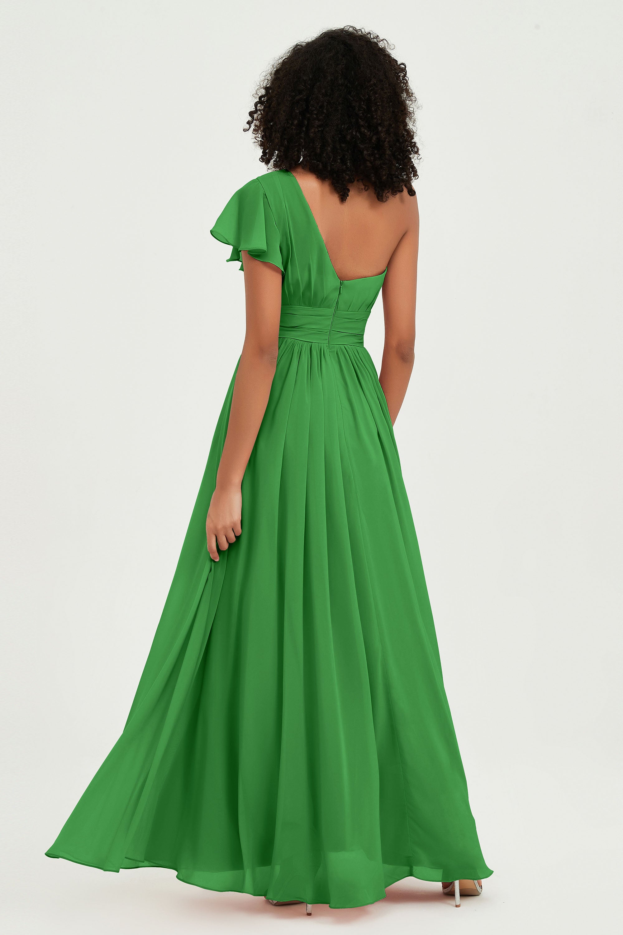 One Shoulder Flutter Sleeves Chiffon Bridesmaid Dress Plus Size Formal Evening Dresses