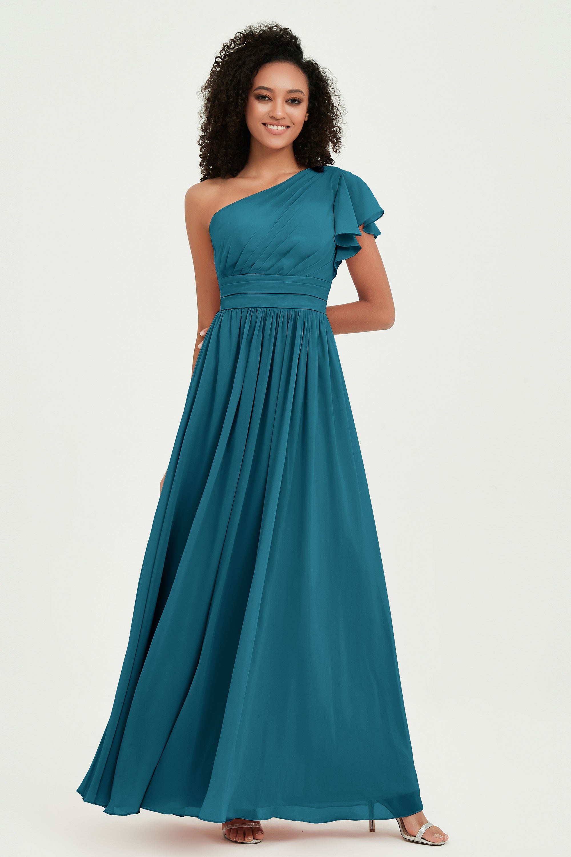 One Shoulder Flutter Sleeves Chiffon Bridesmaid Dress Plus Size Formal Evening Dresses