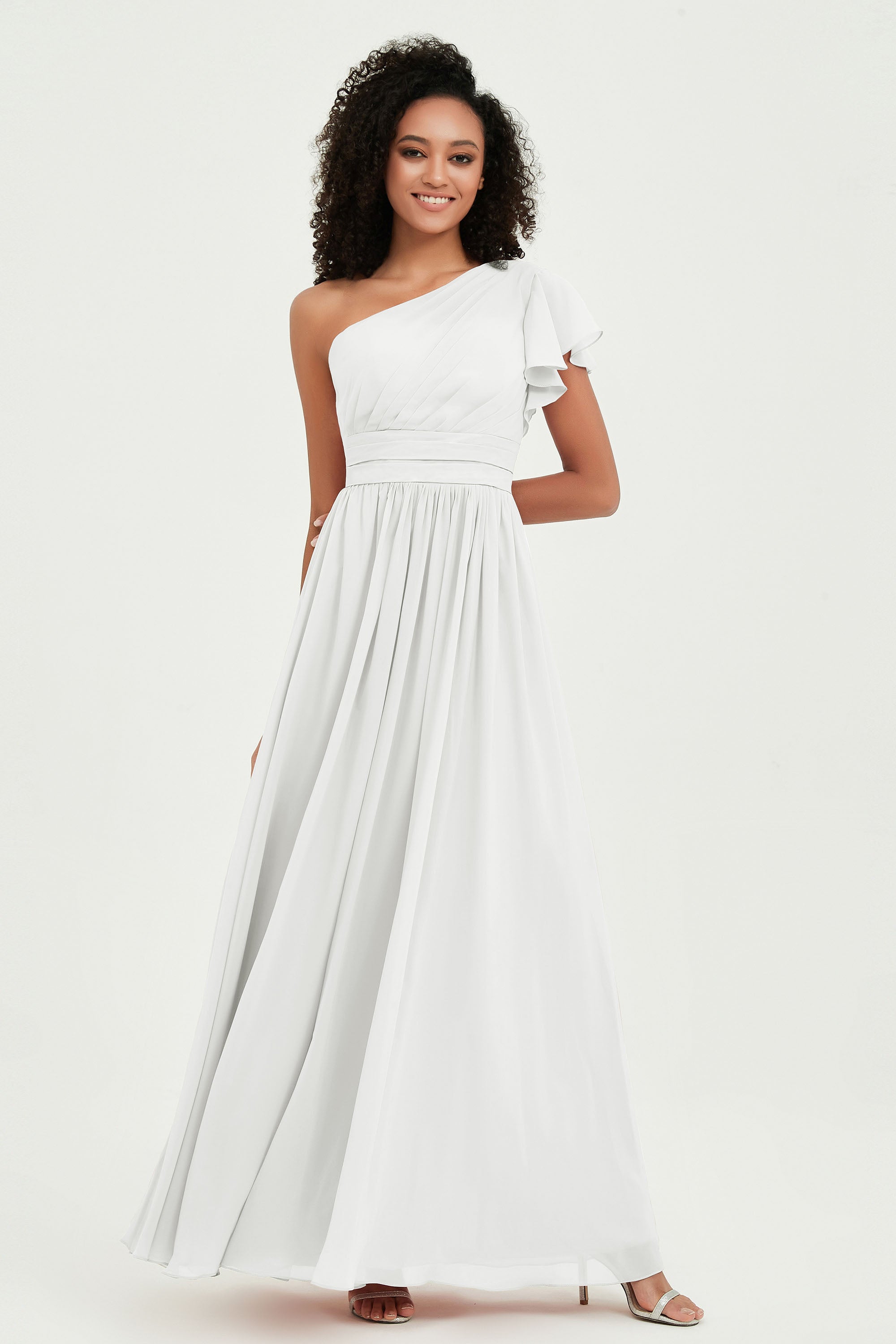One Shoulder Flutter Sleeves Chiffon Bridesmaid Dress Plus Size Formal Evening Dresses