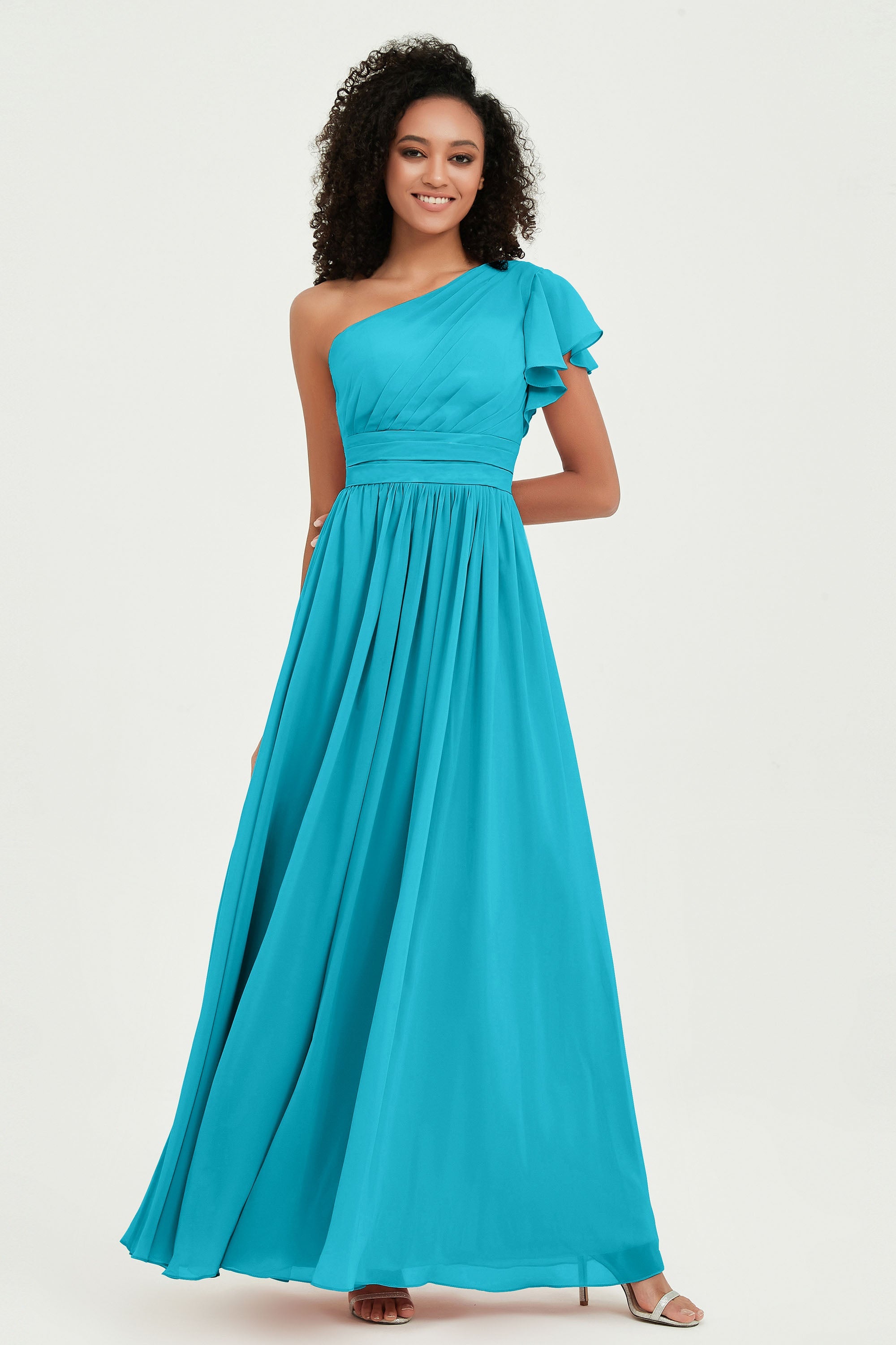 One Shoulder Flutter Sleeves Chiffon Bridesmaid Dress Plus Size Formal Evening Dresses