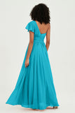 One Shoulder Flutter Sleeves Chiffon Bridesmaid Dress Plus Size Formal Evening Dresses