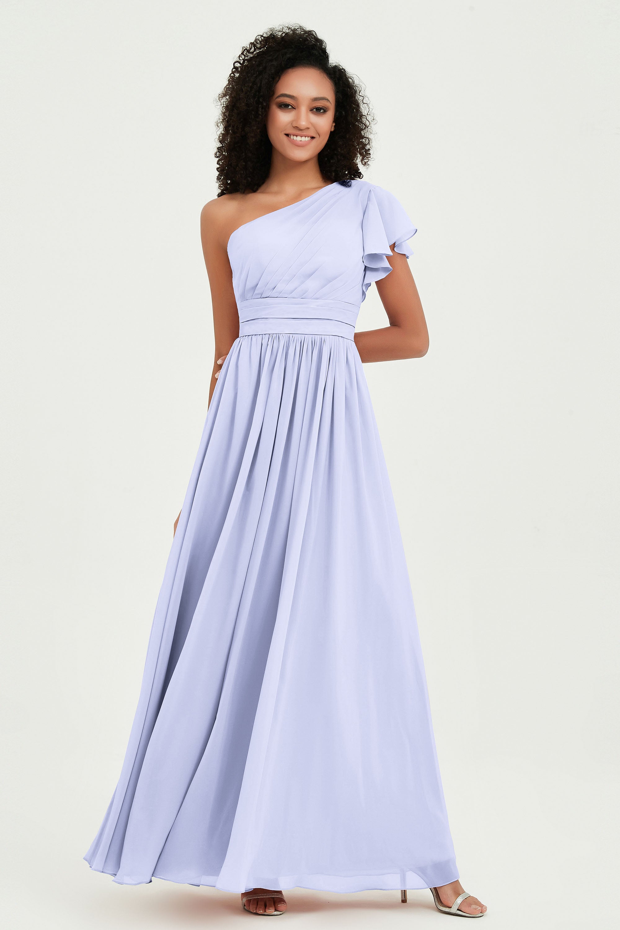 One Shoulder Flutter Sleeves Chiffon Bridesmaid Dress Plus Size Formal Evening Dresses