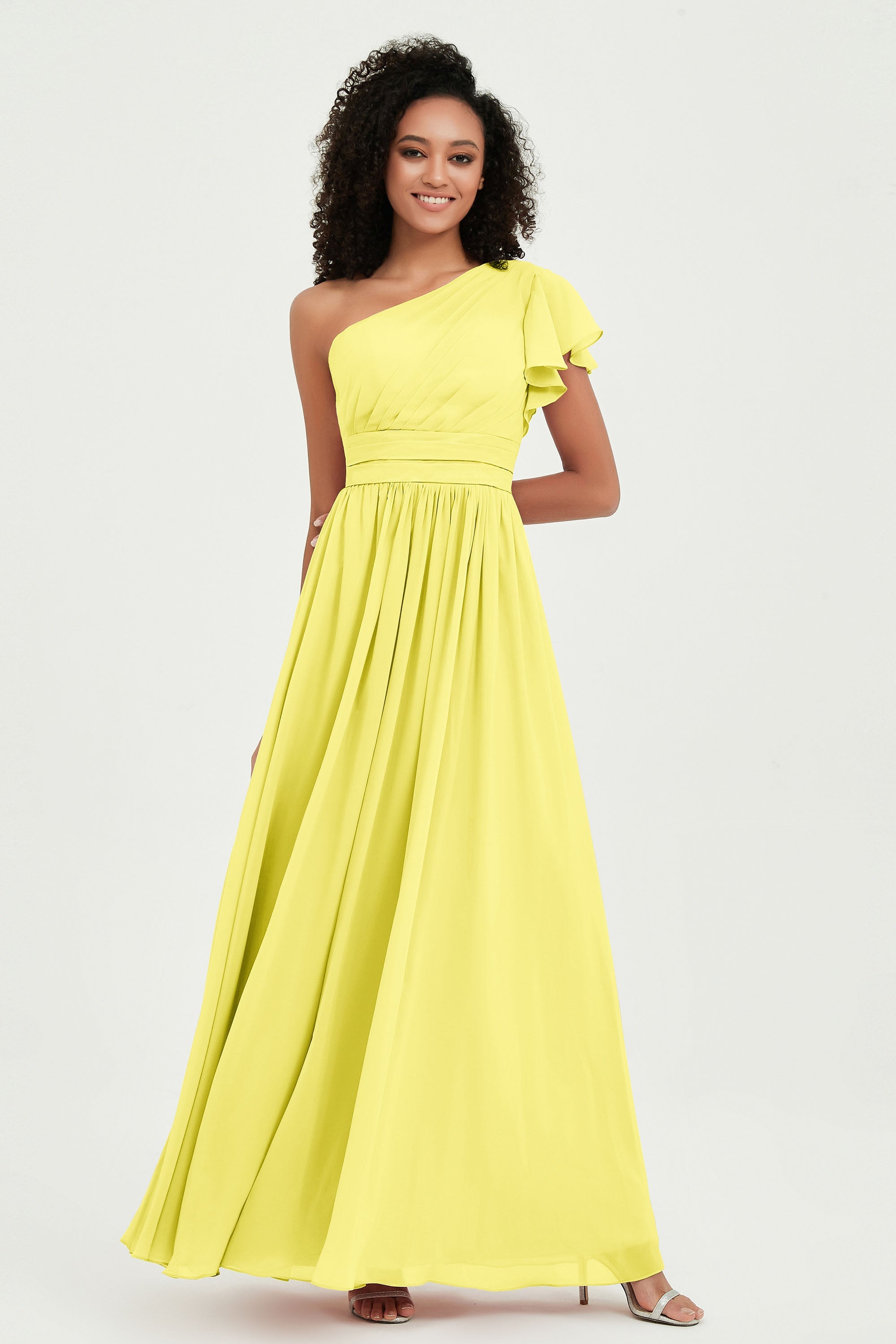 One Shoulder Flutter Sleeves Chiffon Bridesmaid Dress Plus Size Formal Evening Dresses