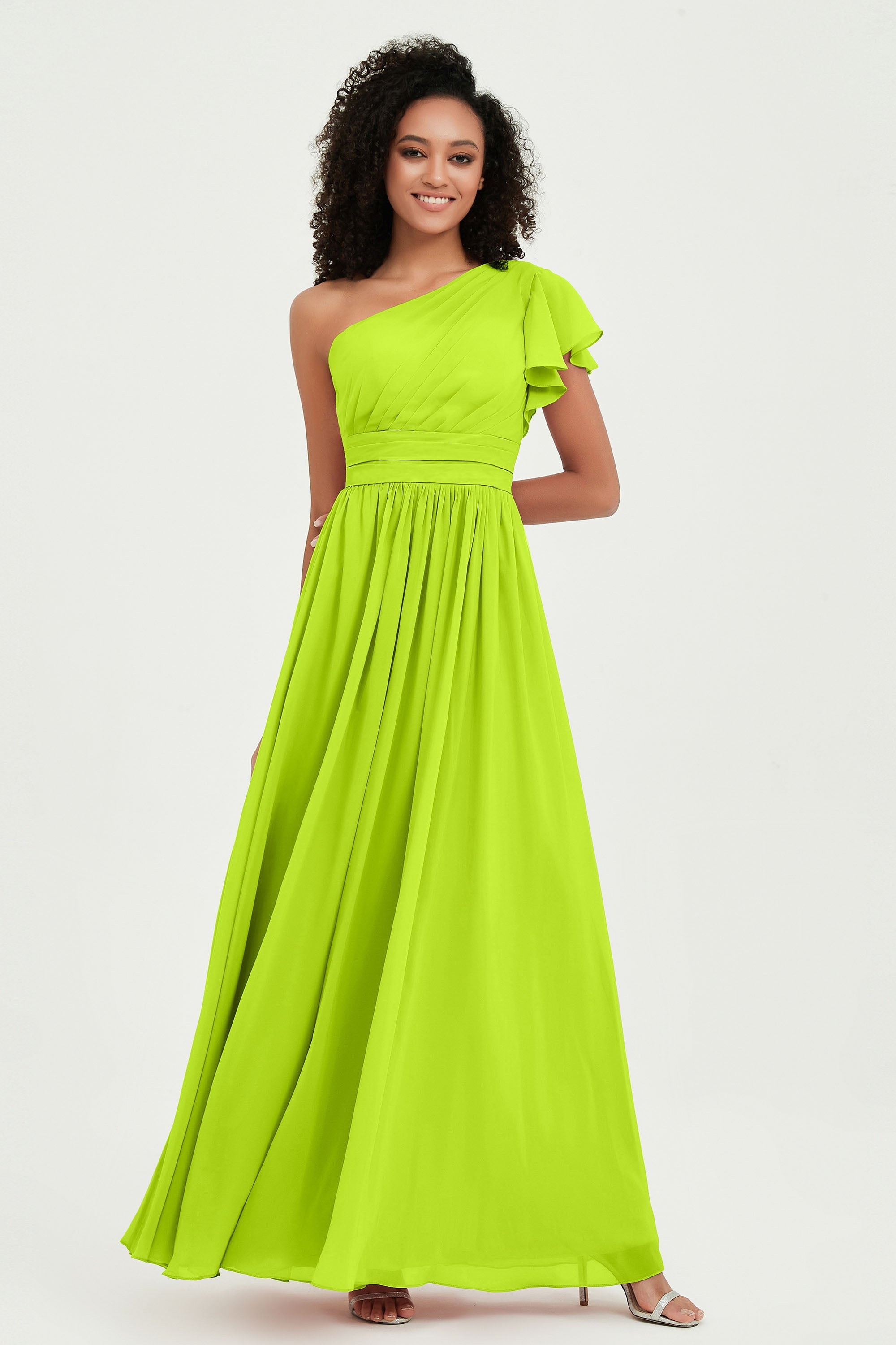 One Shoulder Flutter Sleeves Chiffon Bridesmaid Dress Plus Size Formal Evening Dresses