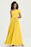 One Shoulder Flutter Sleeves Chiffon Bridesmaid Dress Plus Size Formal Evening Dresses