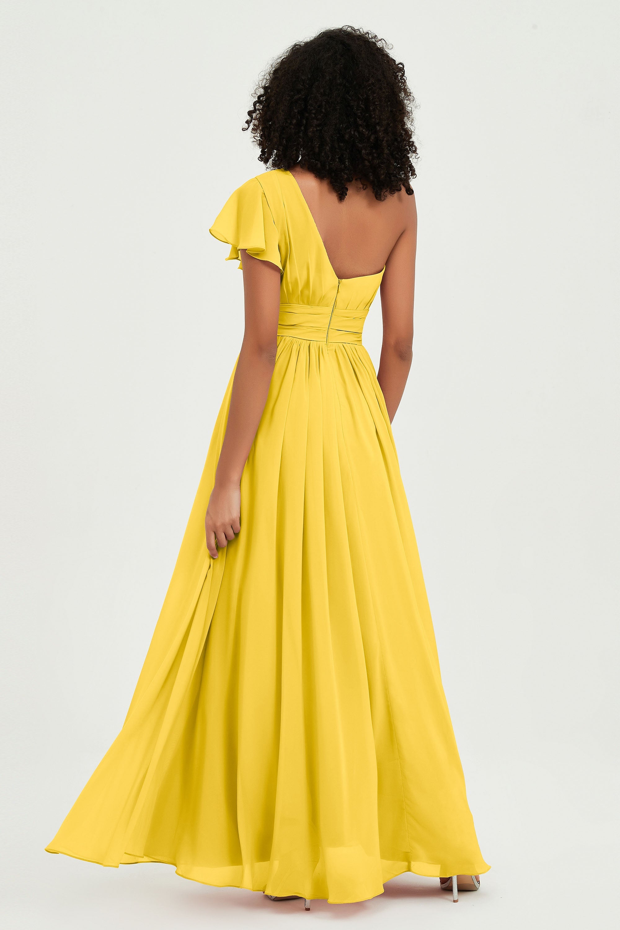 One Shoulder Flutter Sleeves Chiffon Bridesmaid Dress Plus Size Formal Evening Dresses