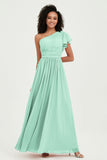 One Shoulder Flutter Sleeves Chiffon Bridesmaid Dress Plus Size Formal Evening Dresses