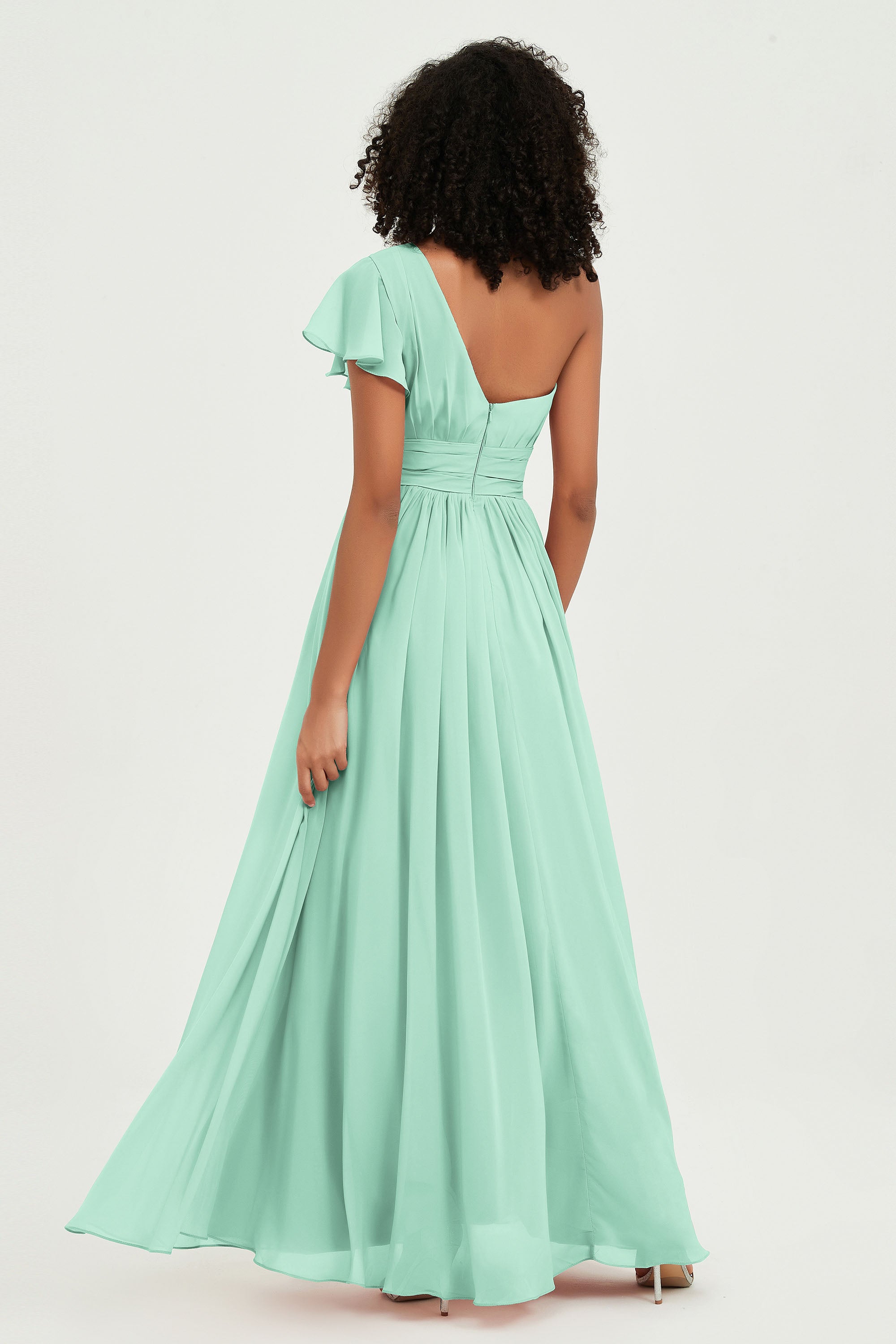 One Shoulder Flutter Sleeves Chiffon Bridesmaid Dress Plus Size Formal Evening Dresses