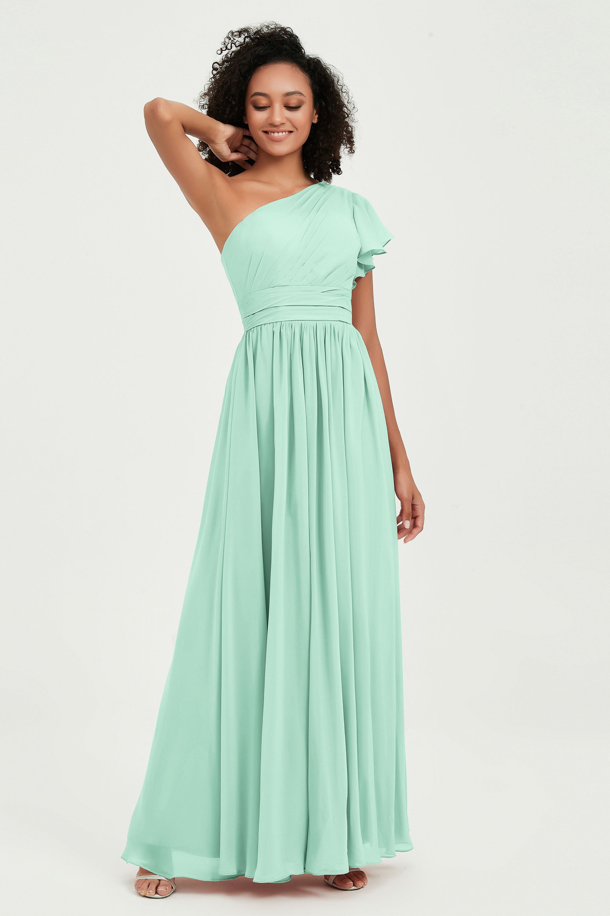 One Shoulder Flutter Sleeves Chiffon Bridesmaid Dress Plus Size Formal Evening Dresses