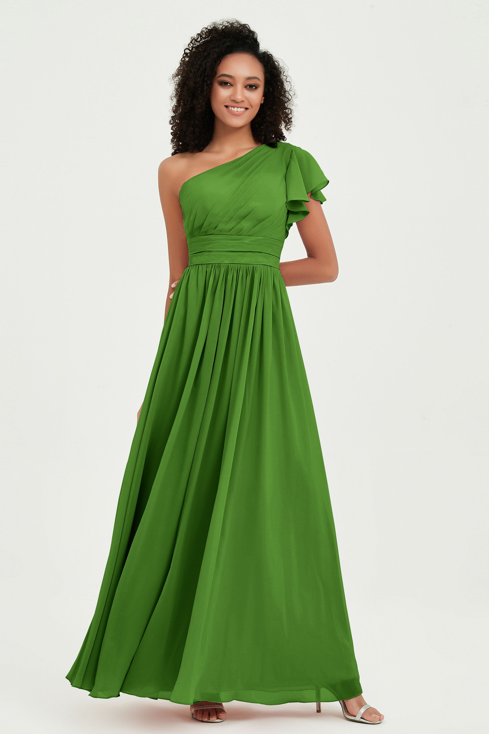 One Shoulder Flutter Sleeves Chiffon Bridesmaid Dress Plus Size Formal Evening Dresses