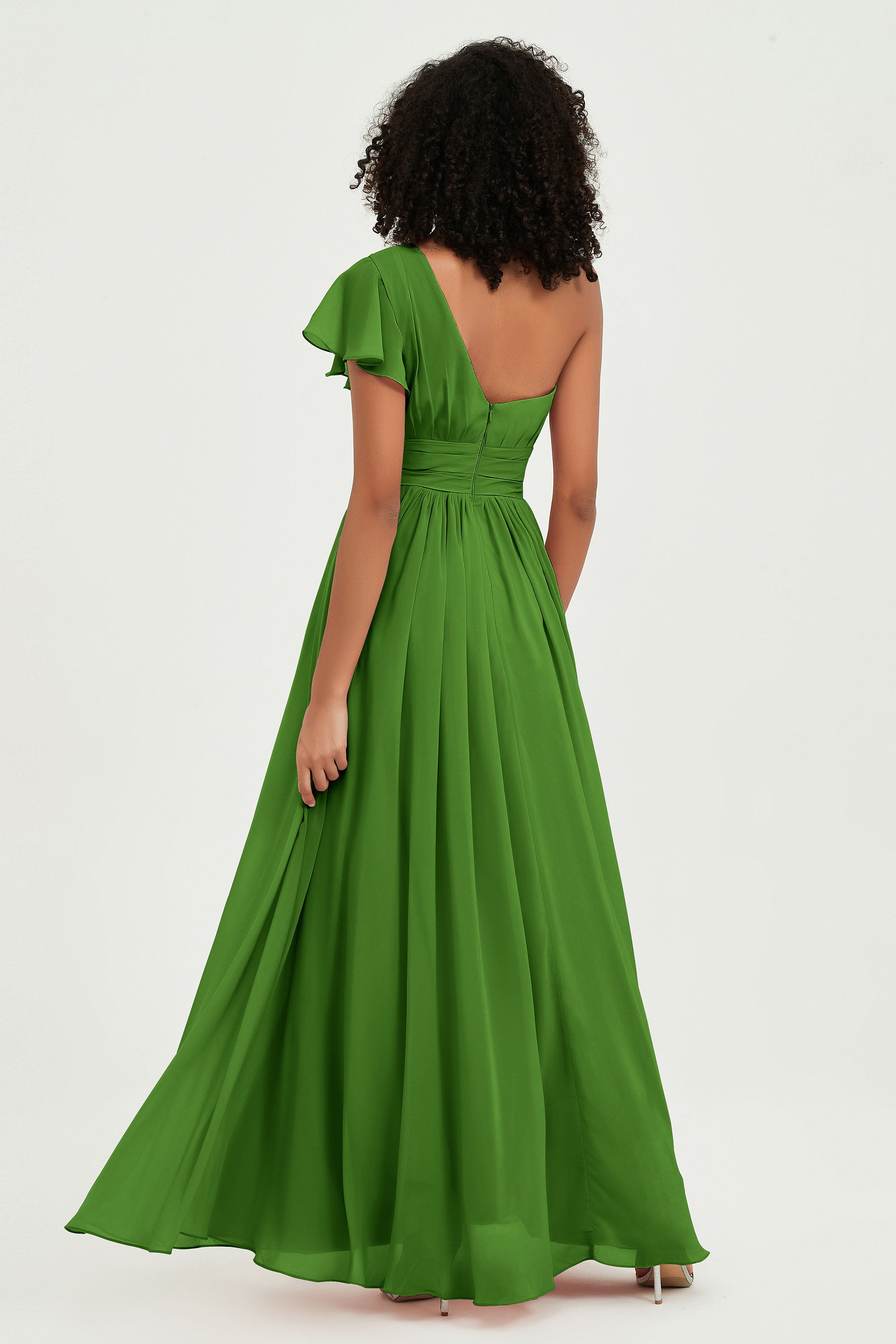 One Shoulder Flutter Sleeves Chiffon Bridesmaid Dress Plus Size Formal Evening Dresses