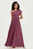 One Shoulder Flutter Sleeves Chiffon Bridesmaid Dress Plus Size Formal Evening Dresses