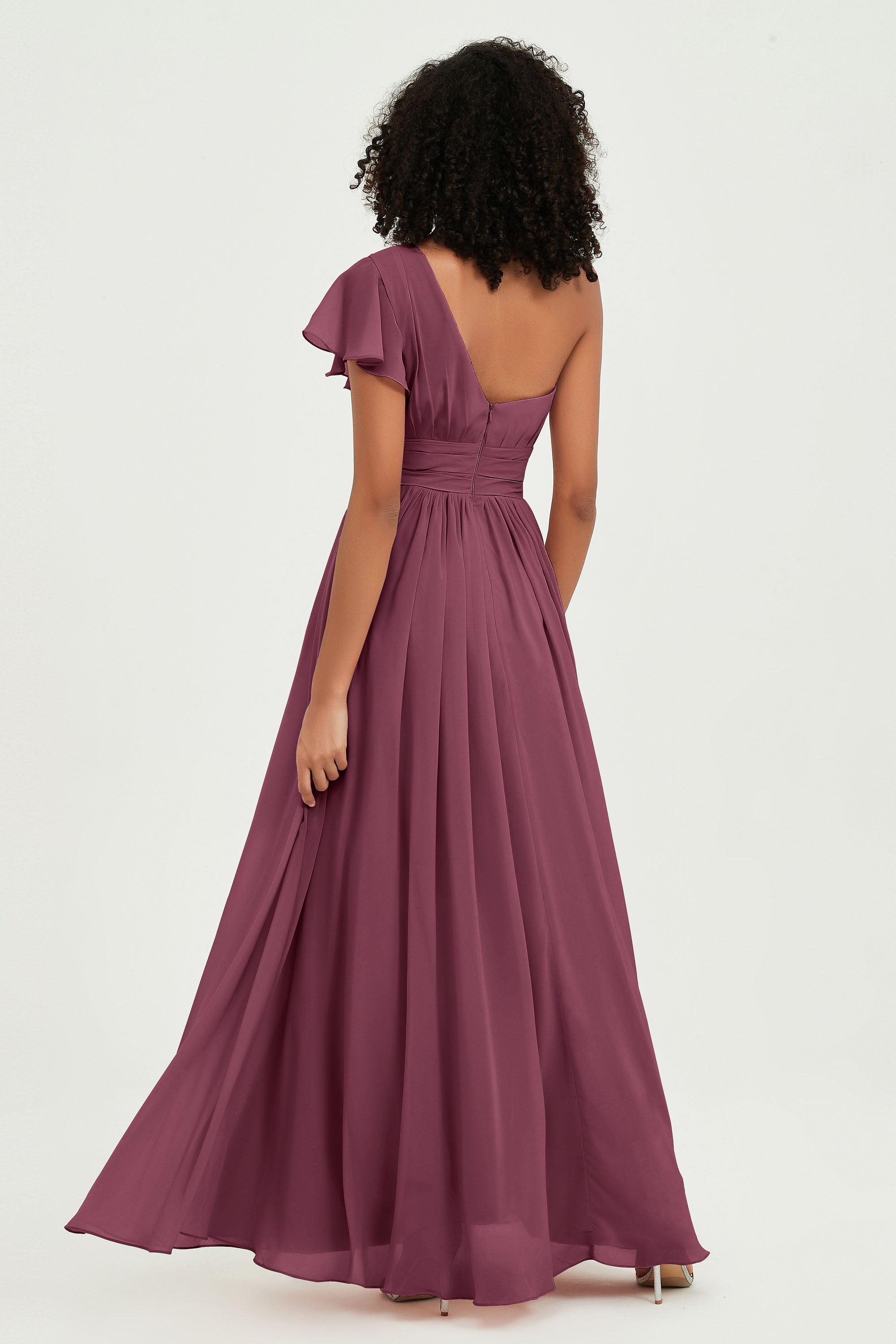 One Shoulder Flutter Sleeves Chiffon Bridesmaid Dress Plus Size Formal Evening Dresses