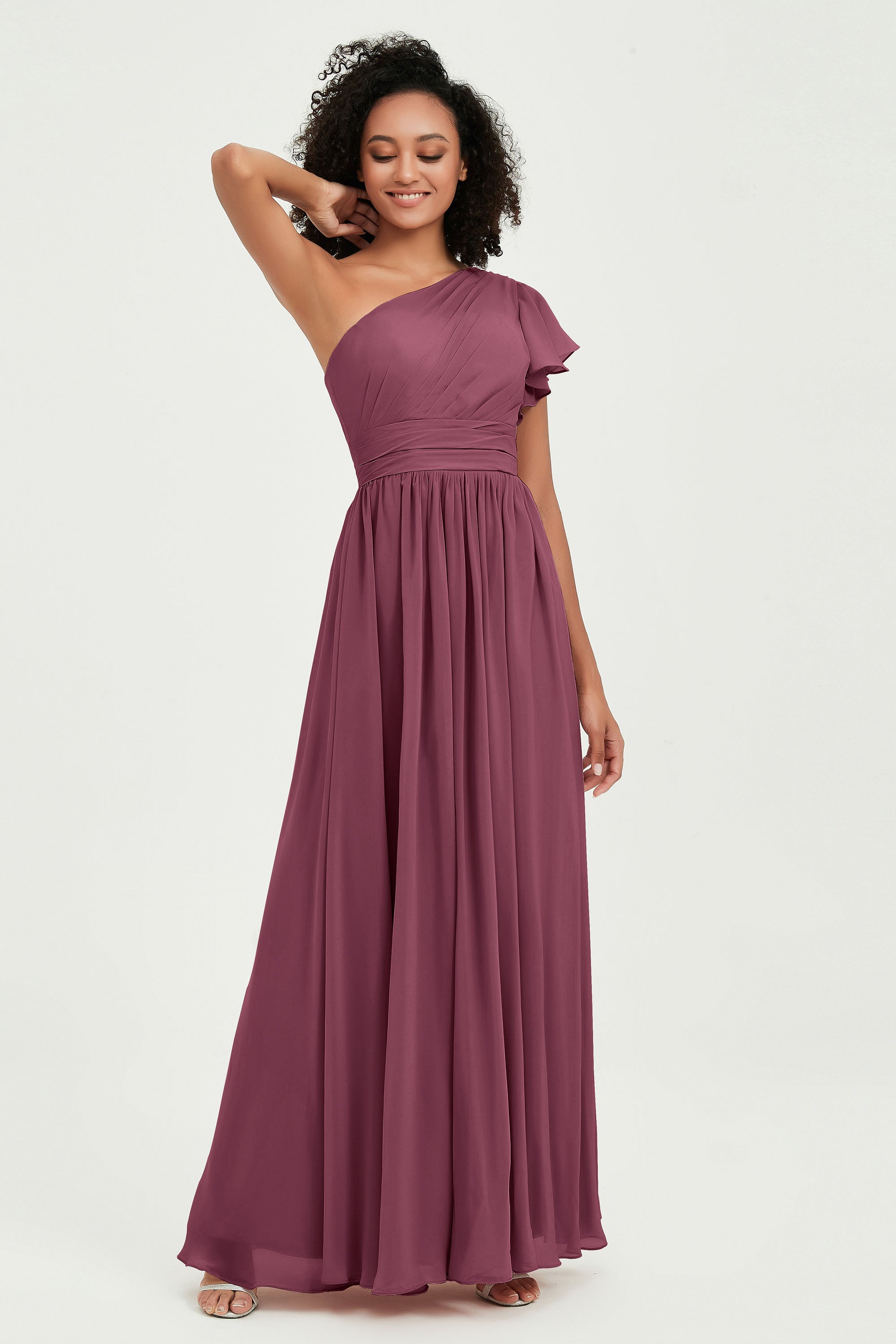 One Shoulder Flutter Sleeves Chiffon Bridesmaid Dress Plus Size Formal Evening Dresses