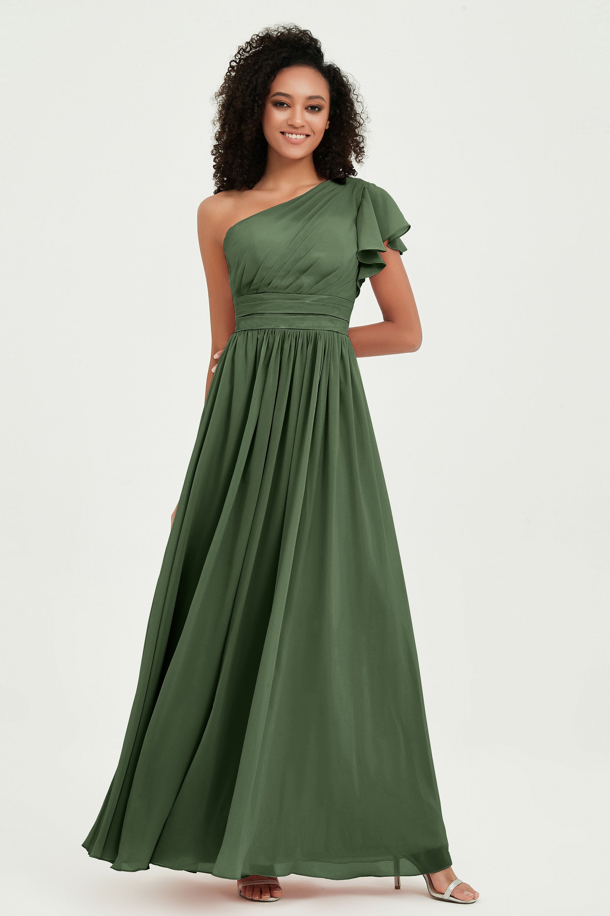 One Shoulder Flutter Sleeves Chiffon Bridesmaid Dress Plus Size Formal Evening Dresses