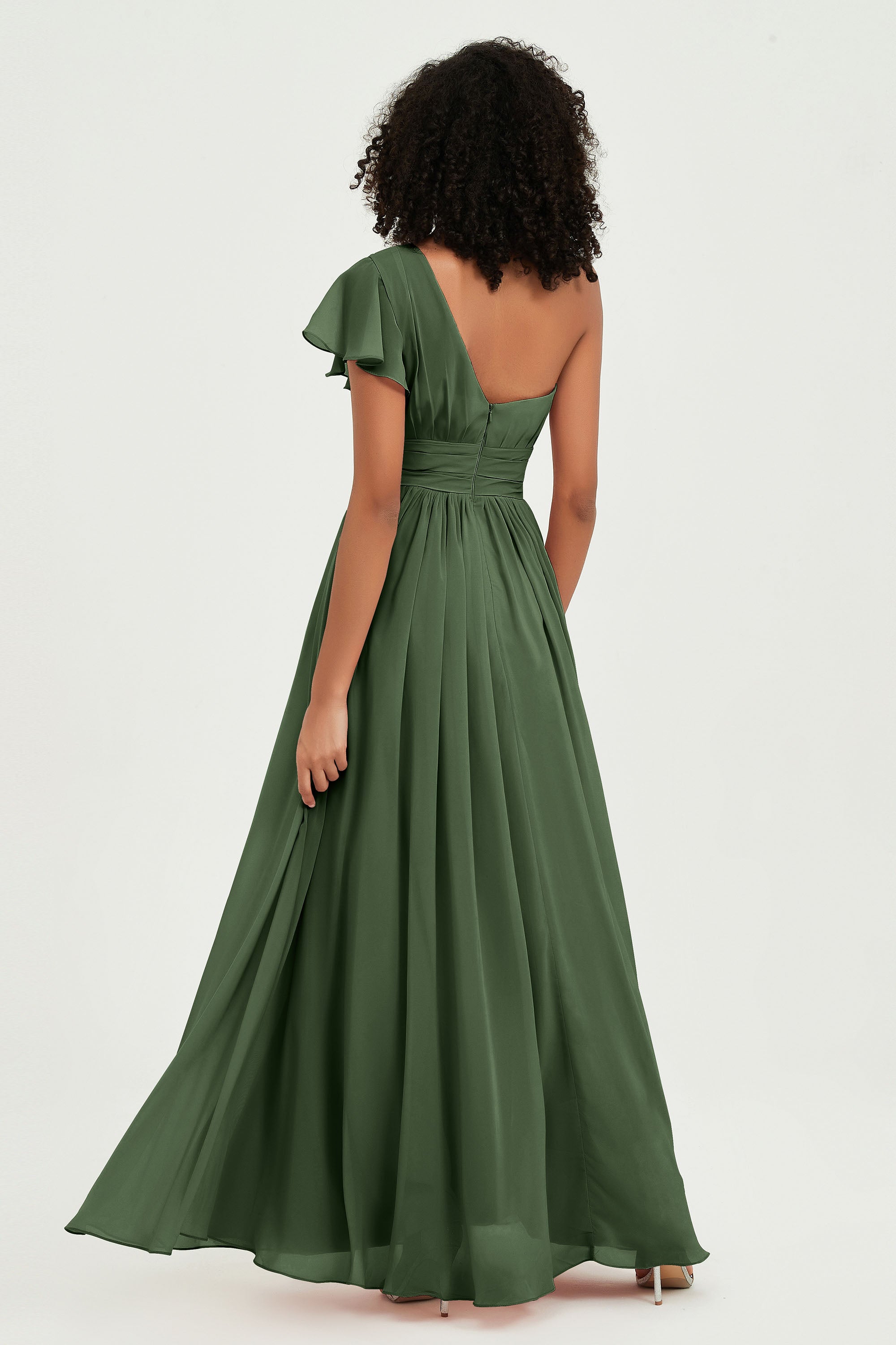 One Shoulder Flutter Sleeves Chiffon Bridesmaid Dress Plus Size Formal Evening Dresses