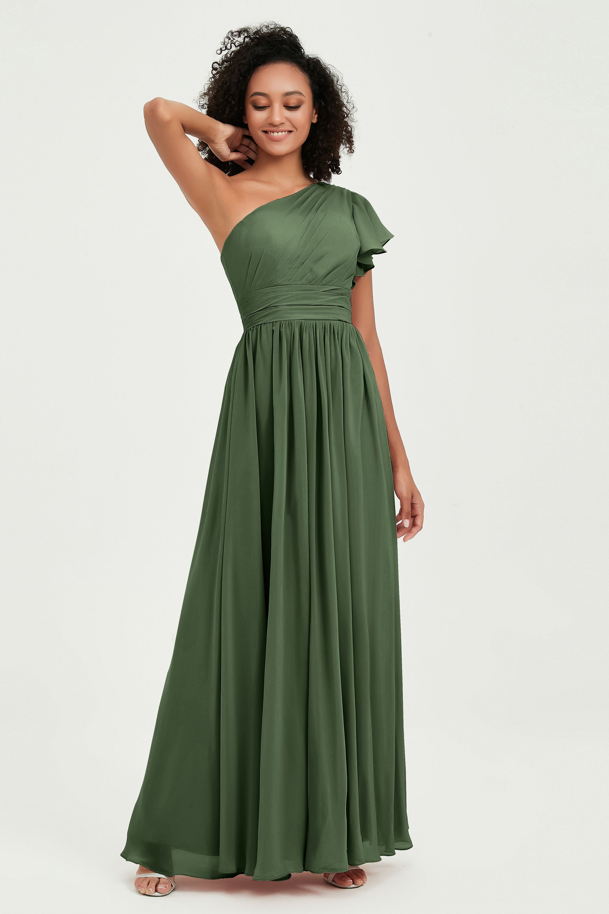 One Shoulder Flutter Sleeves Chiffon Bridesmaid Dress Plus Size Formal Evening Dresses