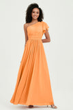 One Shoulder Flutter Sleeves Chiffon Bridesmaid Dress Plus Size Formal Evening Dresses