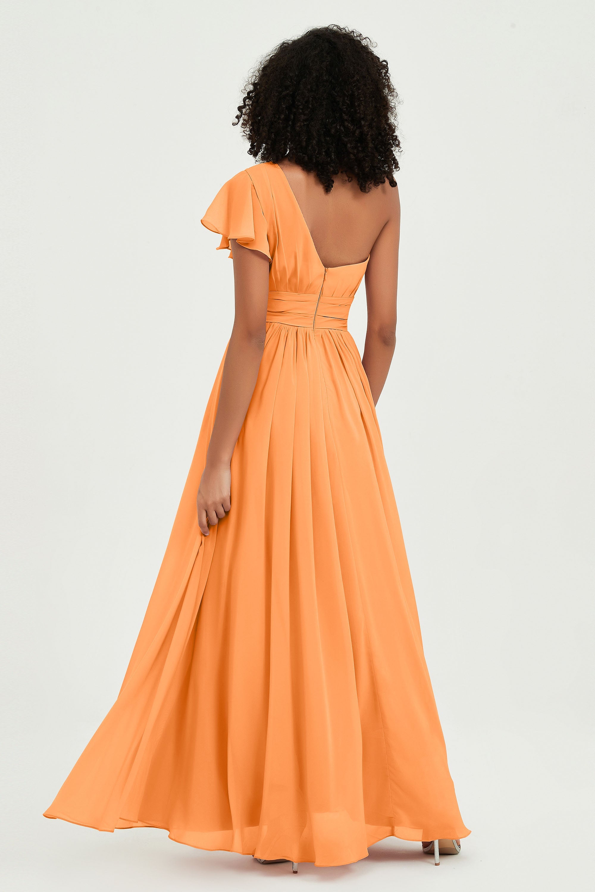 One Shoulder Flutter Sleeves Chiffon Bridesmaid Dress Plus Size Formal Evening Dresses