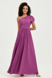 One Shoulder Flutter Sleeves Chiffon Bridesmaid Dress Plus Size Formal Evening Dresses