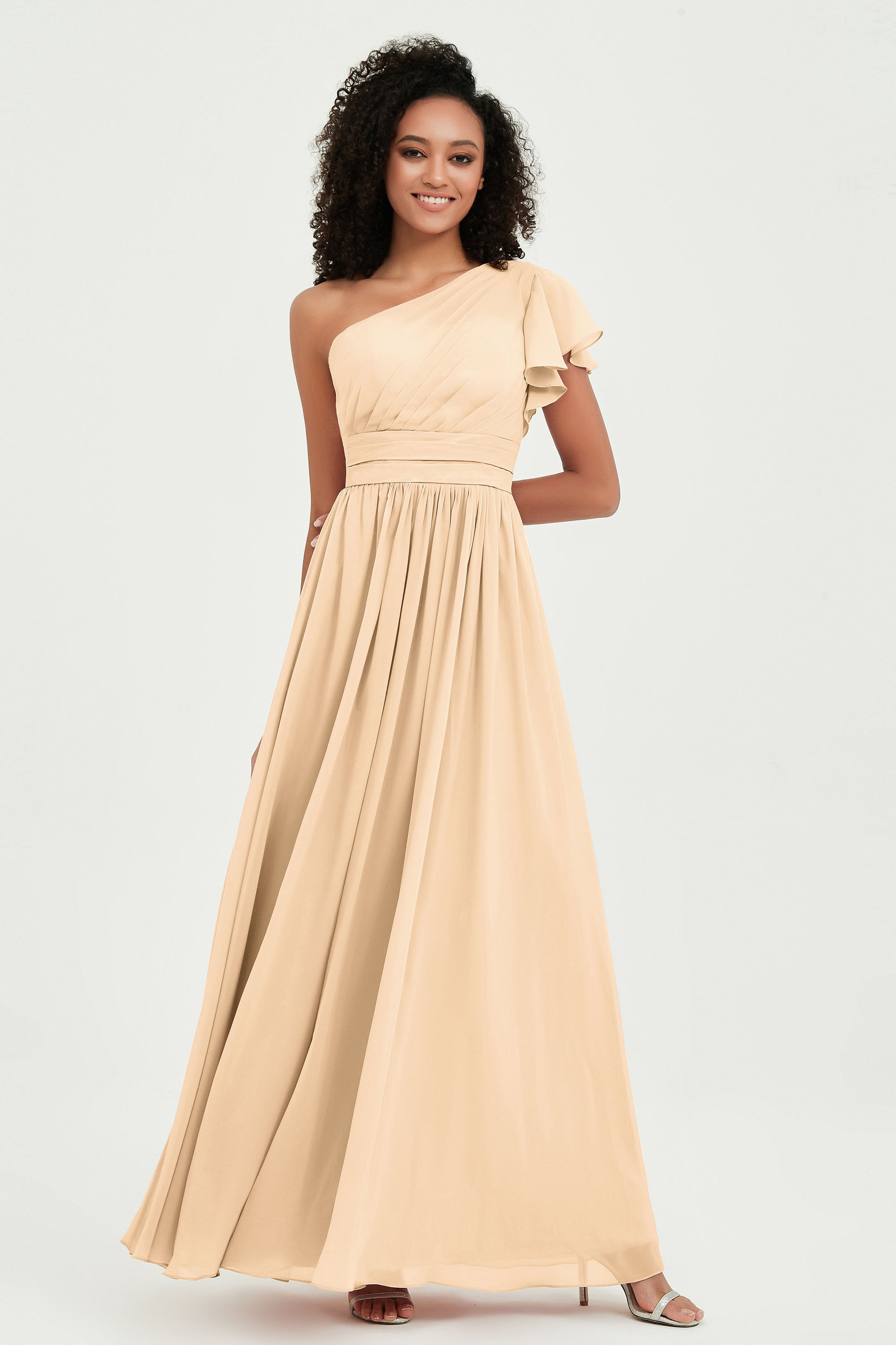 One Shoulder Flutter Sleeves Chiffon Bridesmaid Dress Plus Size Formal Evening Dresses